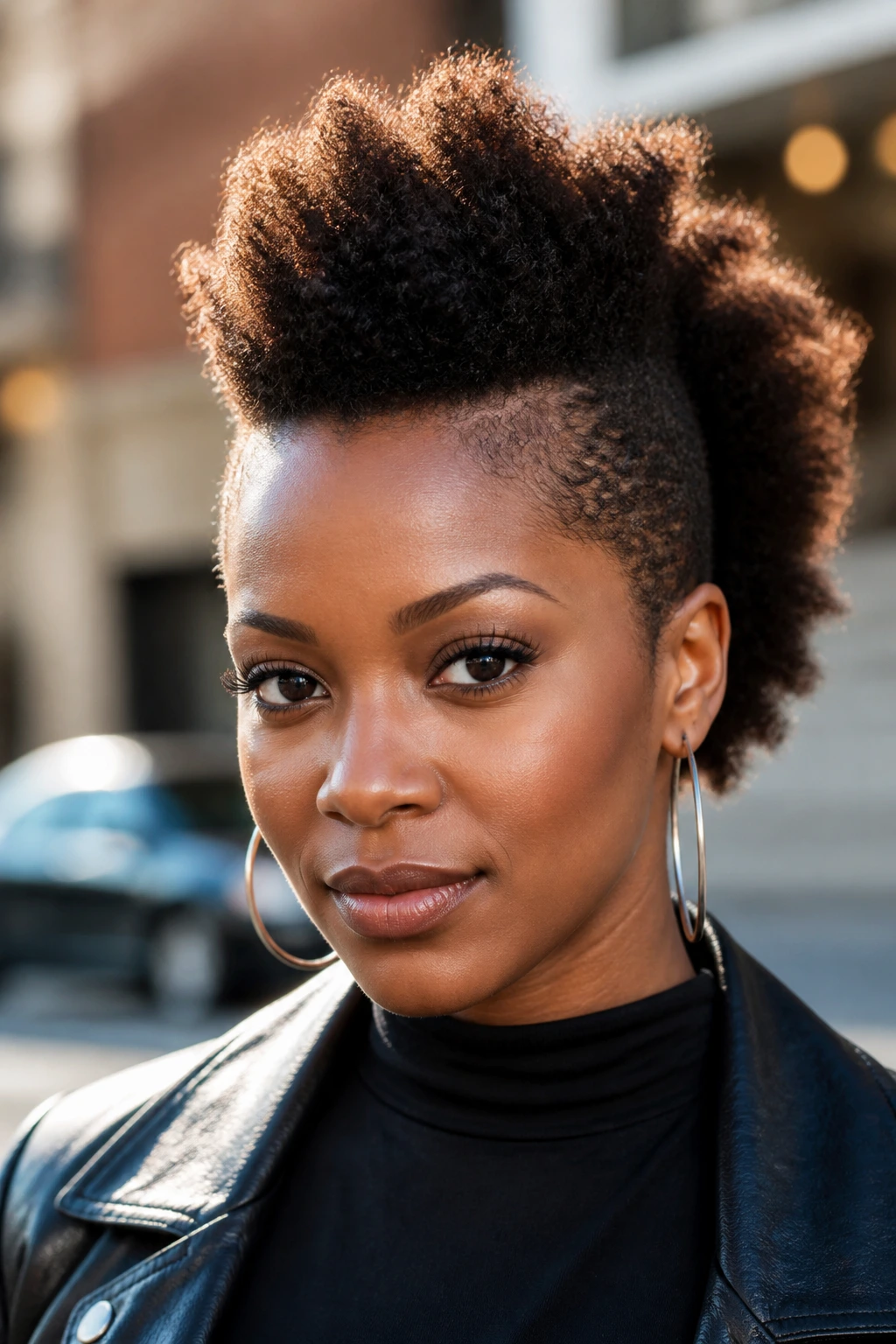 Portrait of a real Black woman with a mini frohawk and fluffy sides