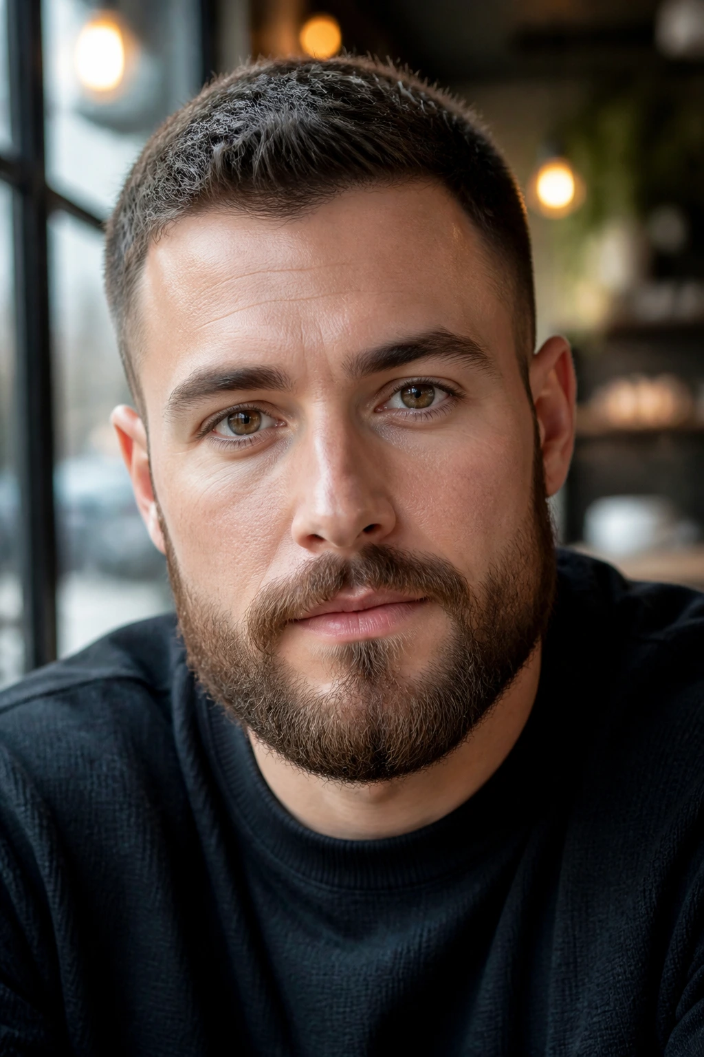 Close-up of man with mini Garibaldi beard (1-1.5 inches) in cafe daylight