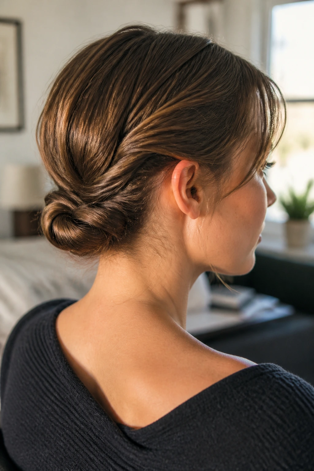 Mini Gibson tuck bun at the nape on a real woman.