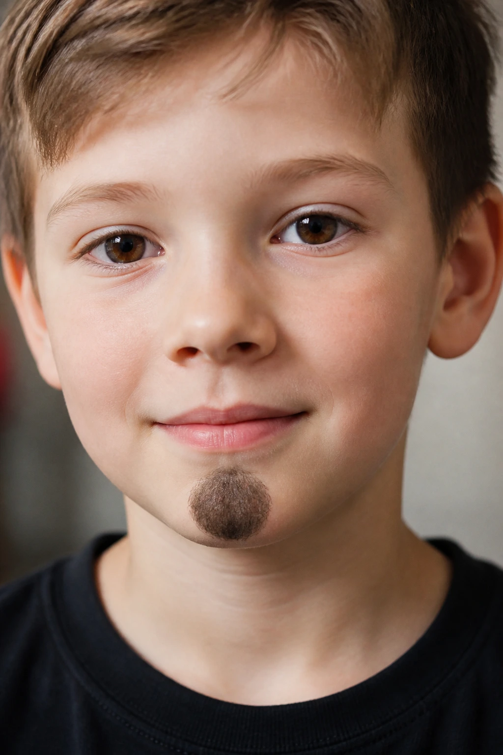 Close-up of a boy with a small rounded goatee shadow on the chin