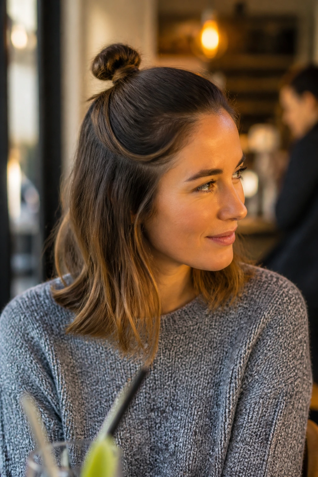 Close-up of a real woman with a mini half-up knot hairstyle in a cafe setting