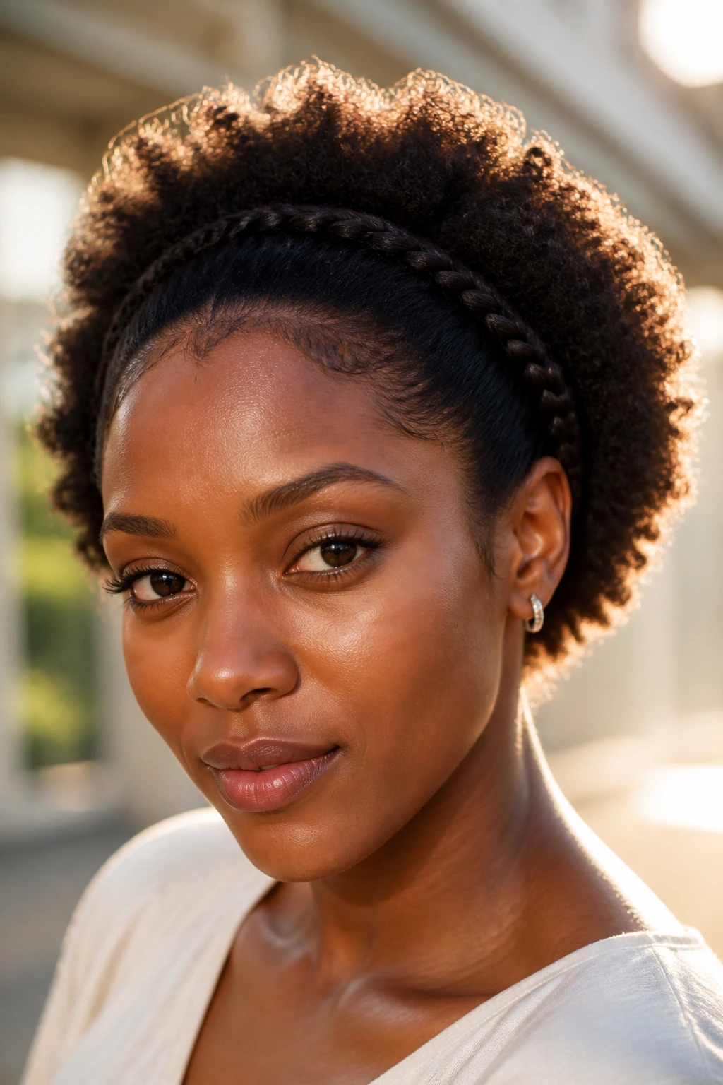 Close-up of a real Black woman with a mini halo braid and open afro in soft backlight