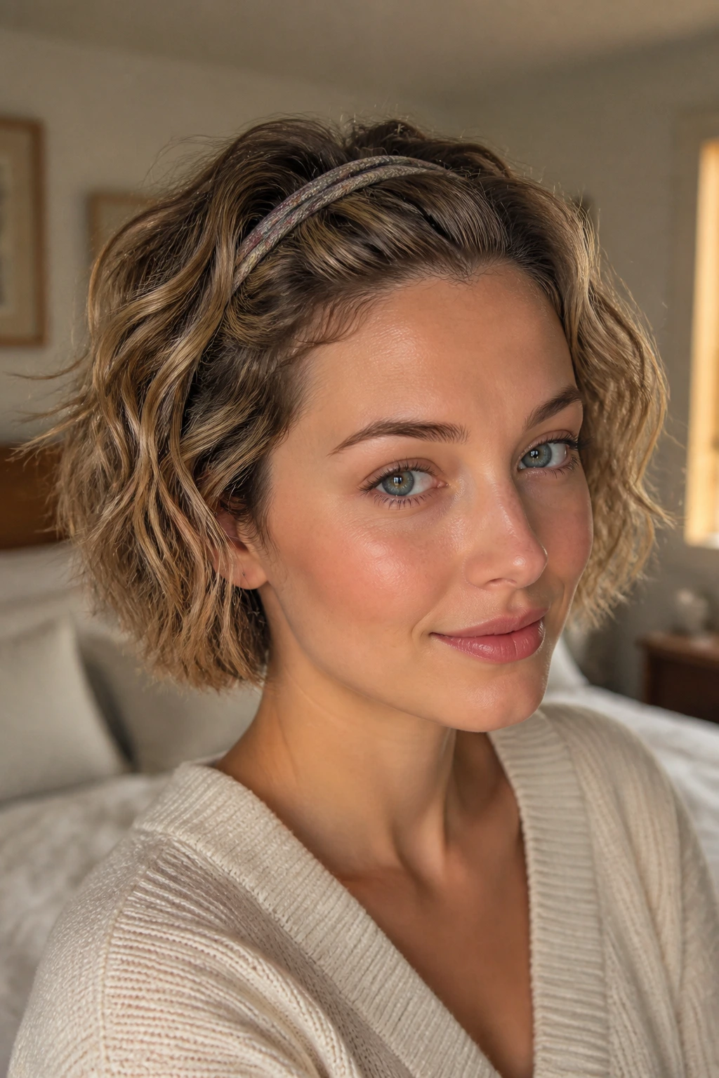 Close-up portrait of a real woman with short wavy hair and a slim headband highlighting crown texture