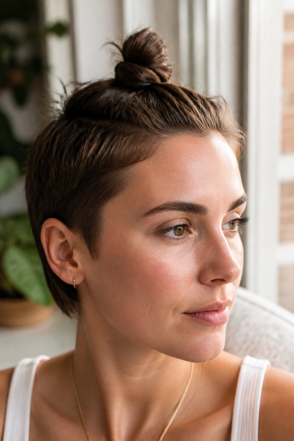 Close-up of a real person with a tiny crown knot on short hair