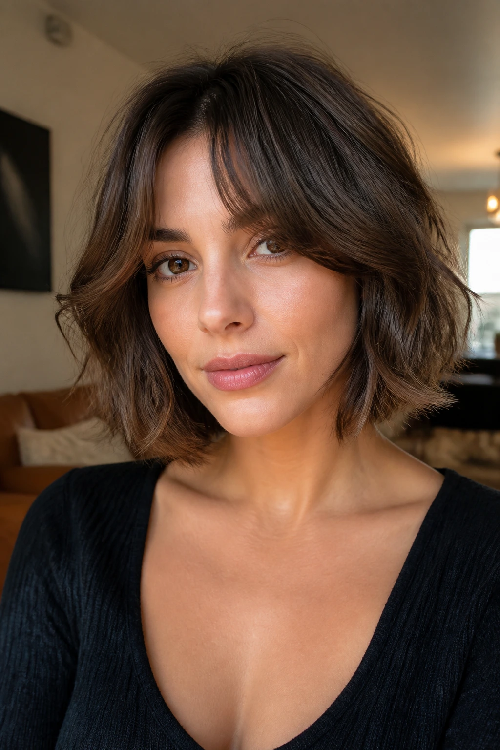 Close-up portrait of a real woman with a tousled mini lob and curtain bangs in natural window light