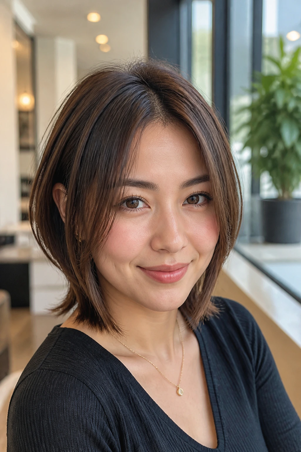 Person with mini lob haircut and long side framing