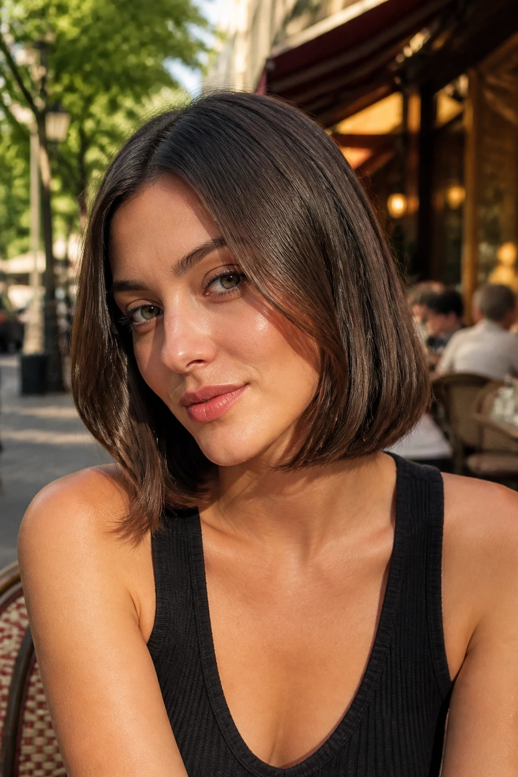 Close-up portrait of a real woman with a mini lob and soft ends in outdoor light