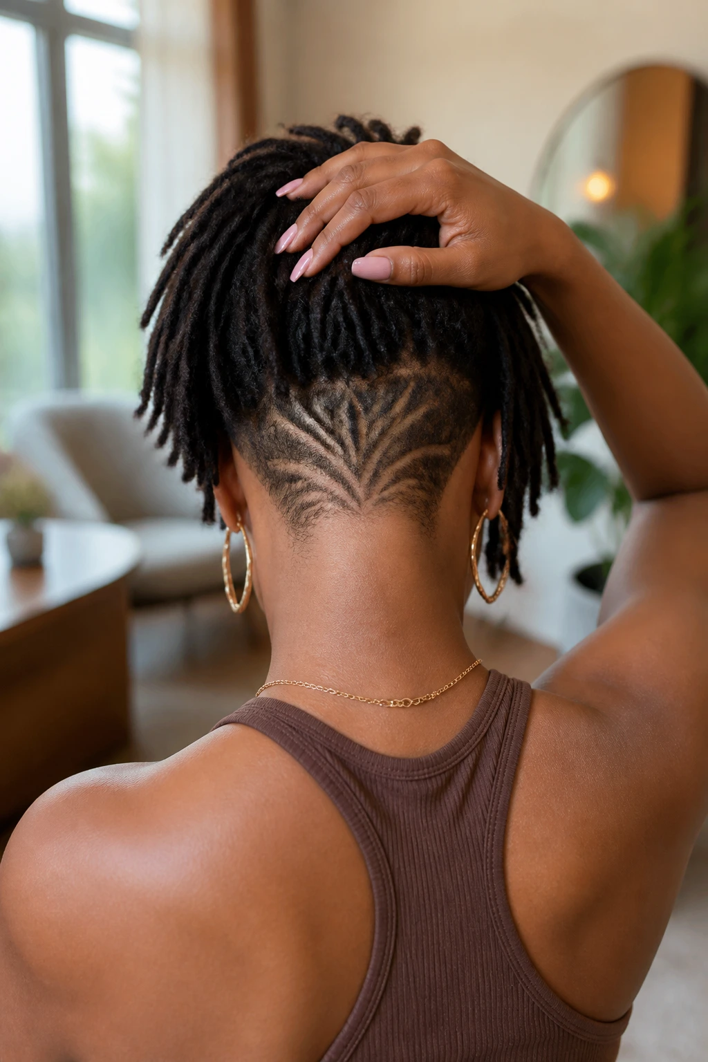 Close-up portrait of a real woman with mini loc bob and shaved back panel art in a sunlit living room