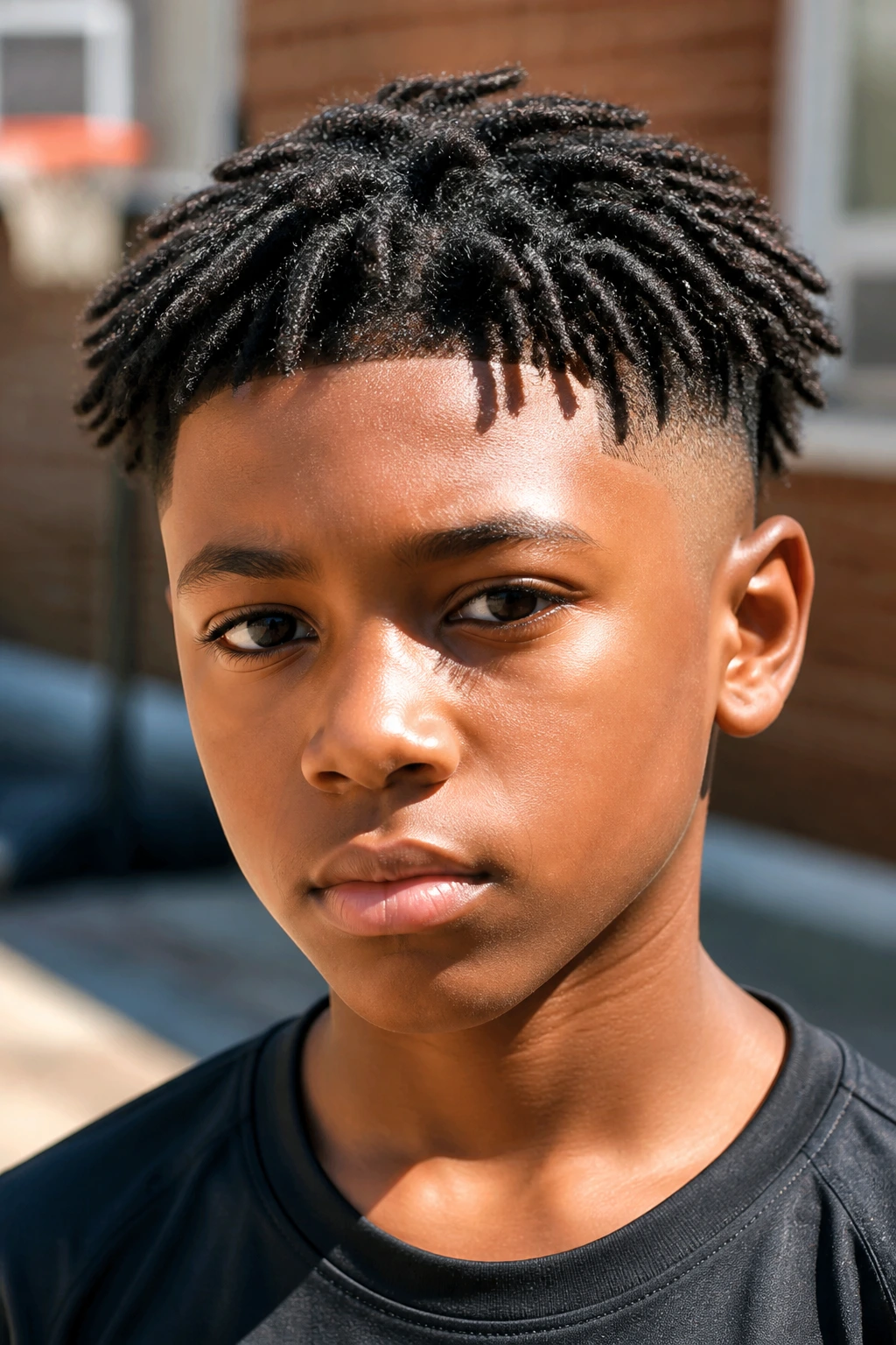 Close-up of a real Black boy with mini locs and a fade in an outdoor courtyard