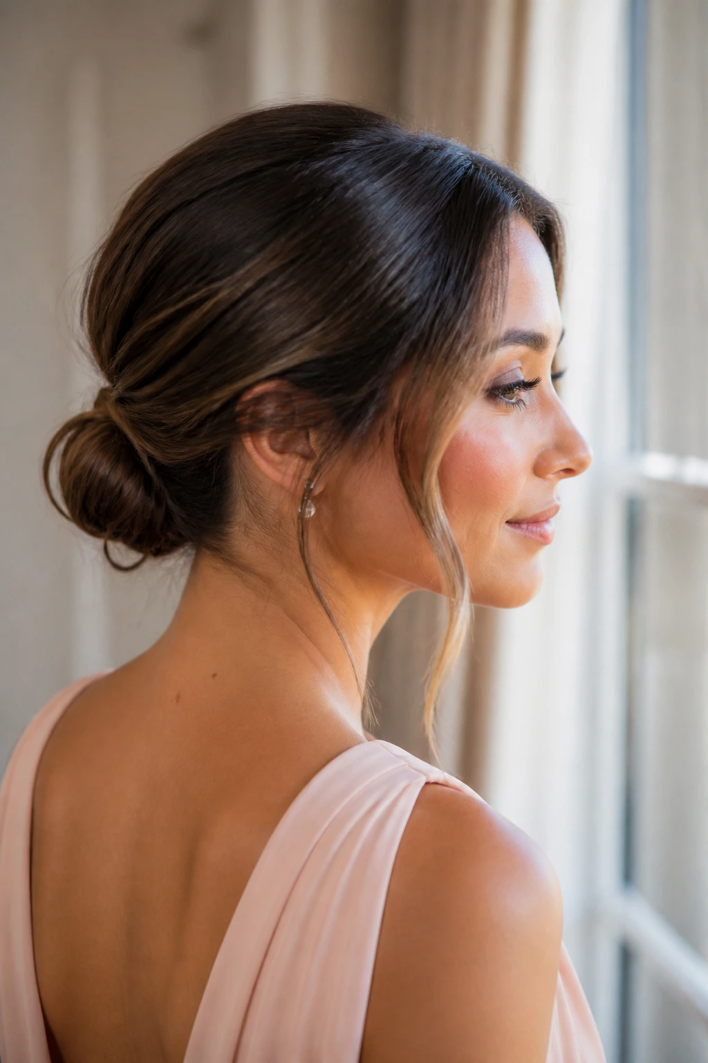Real woman with mini low bun and face-framing pieces