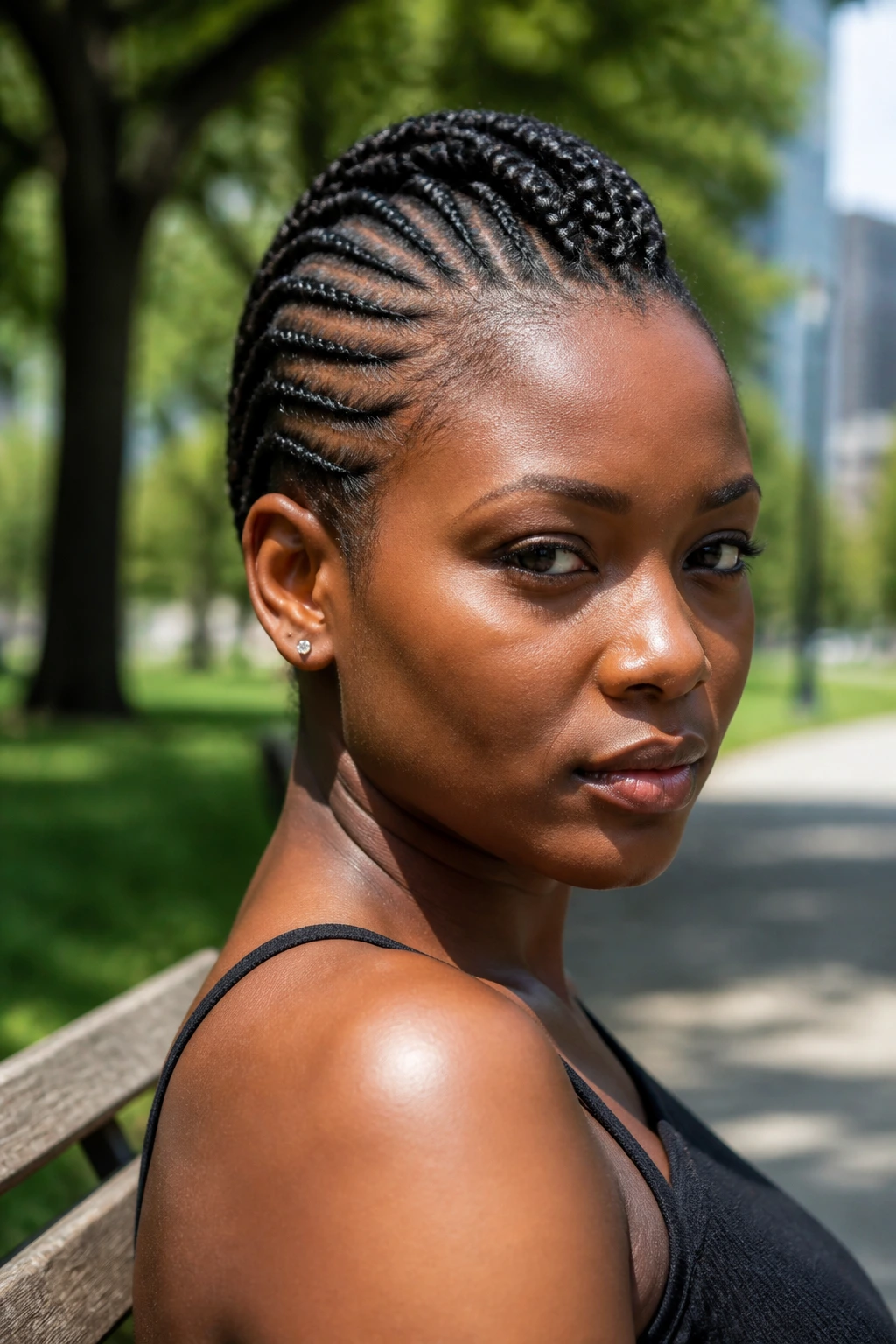 Close-up of short natural hair styled into mini mohawk with tiny braids.