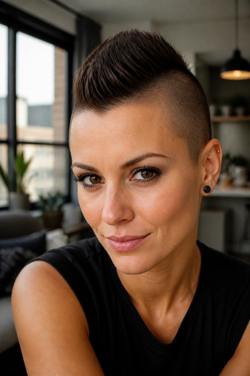 Close-up portrait of a real woman with a mini mohawk buzz center strip and short sides