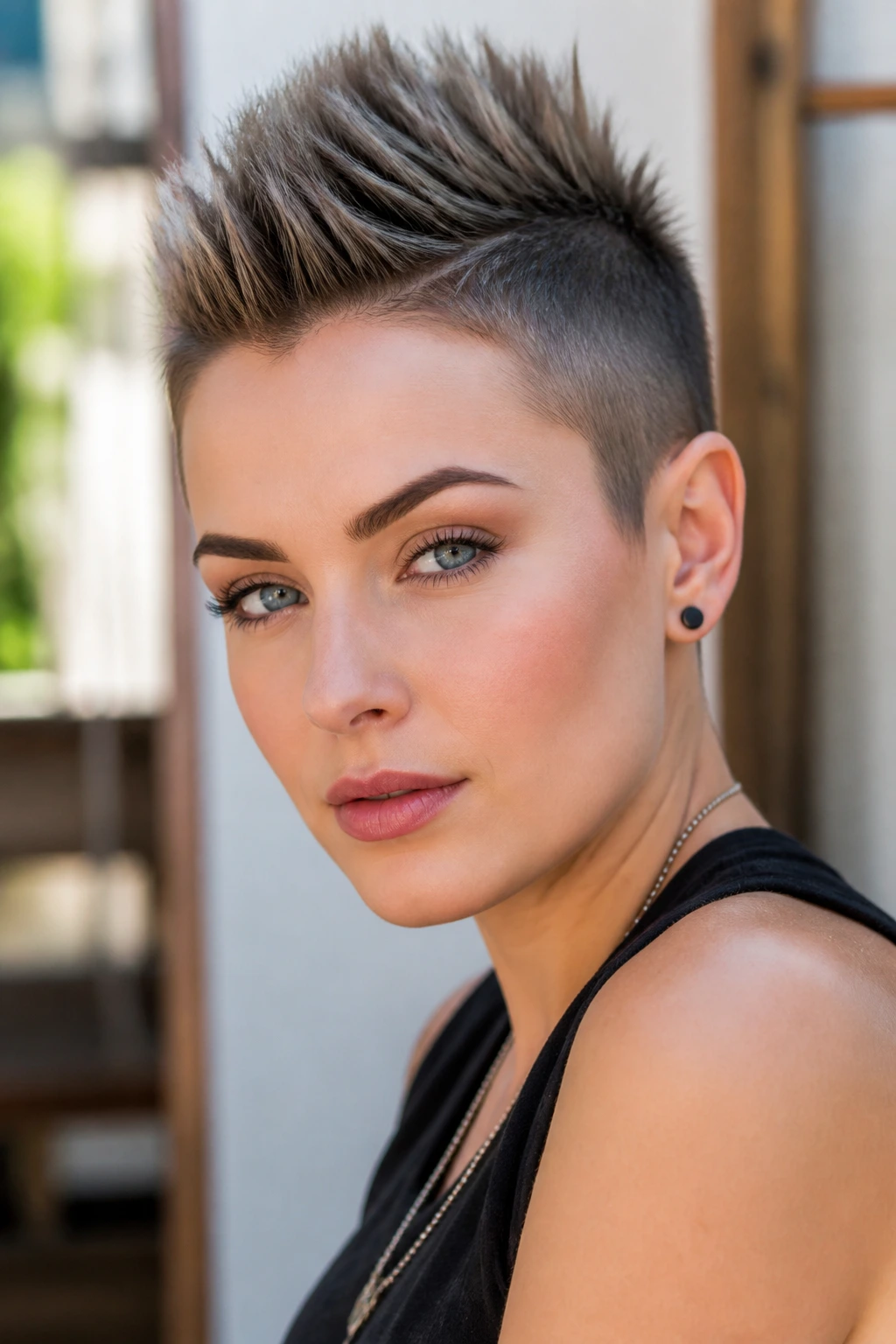 Portrait of real person with center mini mohawk pixie