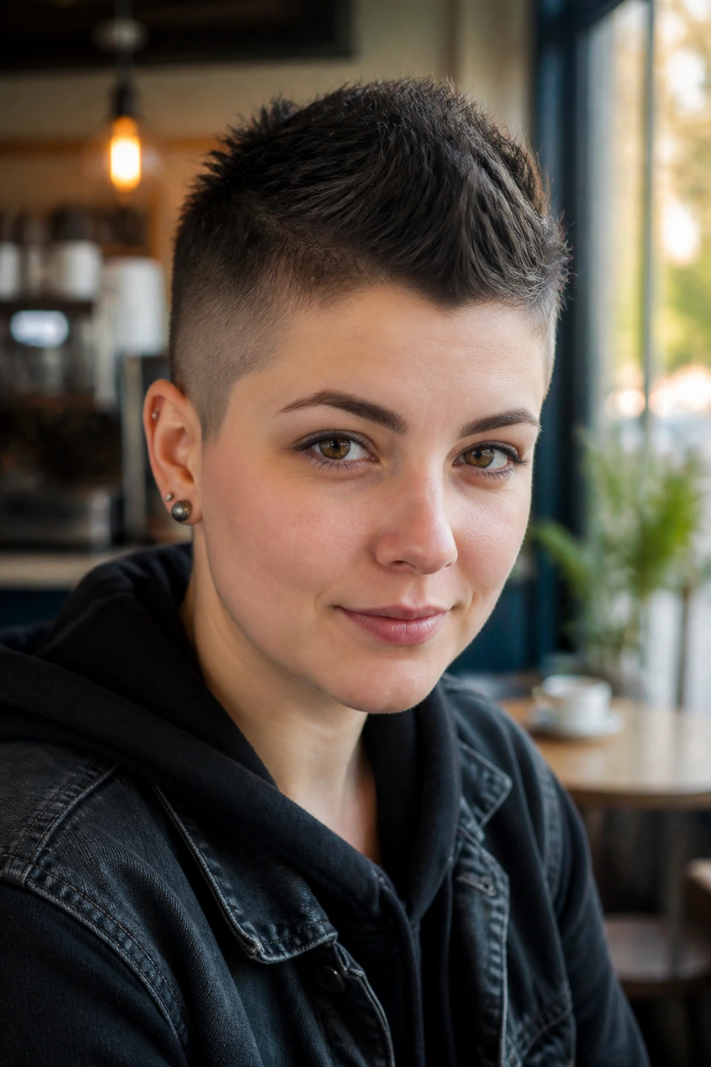Close-up portrait of a real person with a soft-edged mini mohawk in a cafe setting