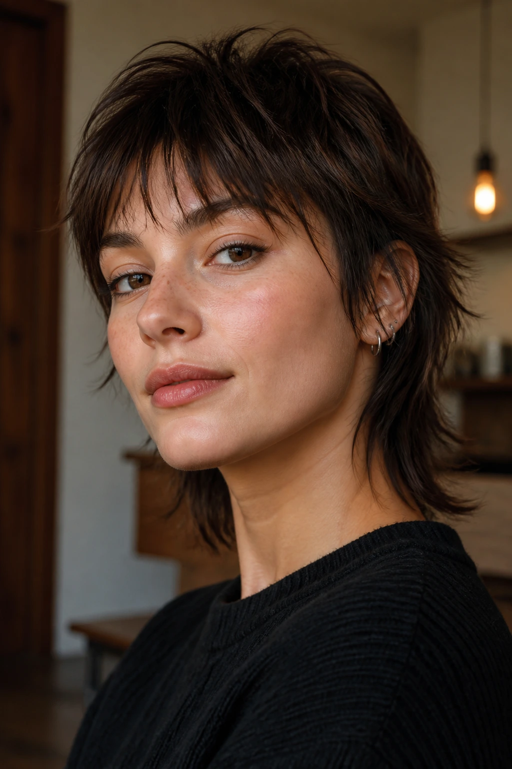 Close-up of a real person with a mini mullet fringe and soft edges