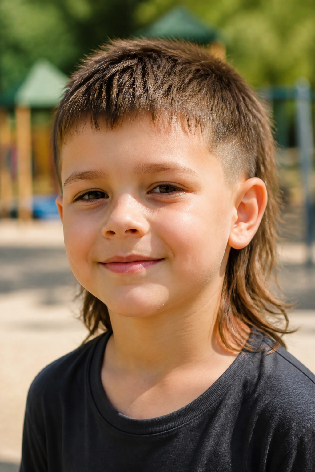 Close-up portrait of a real boy with a mini mullet in a sunlit playground