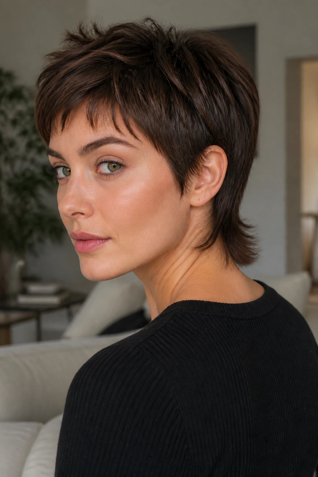 Close-up of real woman with mini-mullet pixie bob showing longer back.