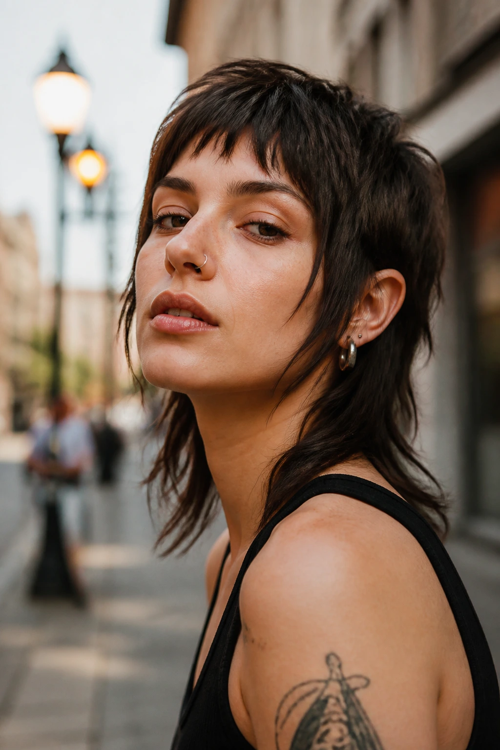 Real woman showing mini mullet with face-framing pieces outdoors in daylight
