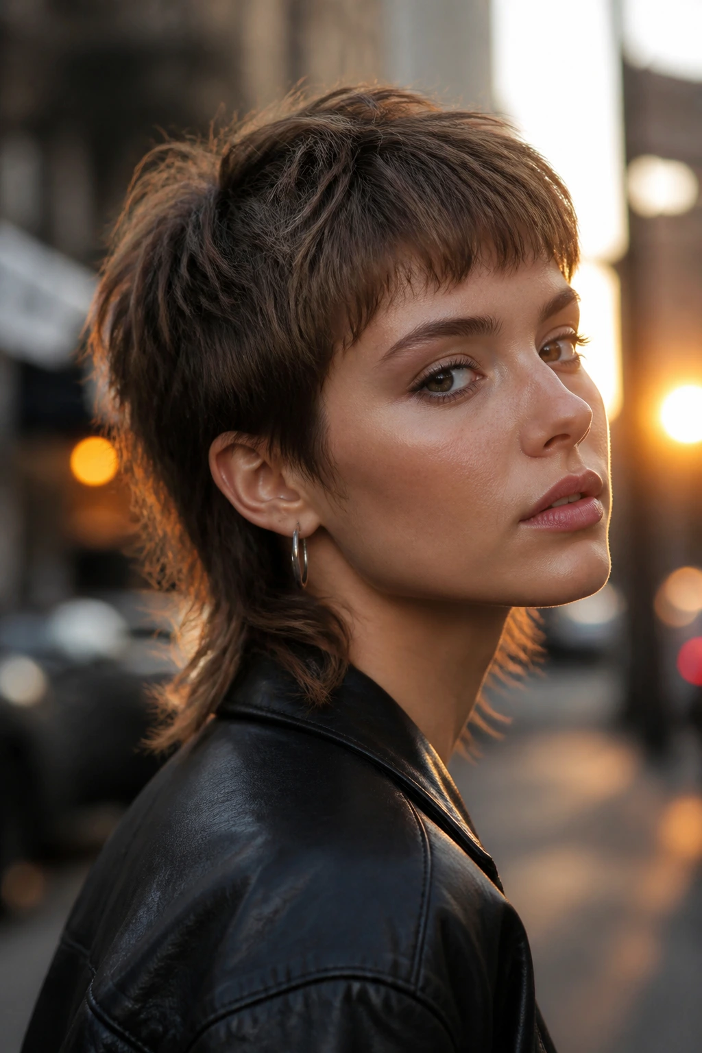 Close-up of real person with mini mullet shag showing short top and longer back