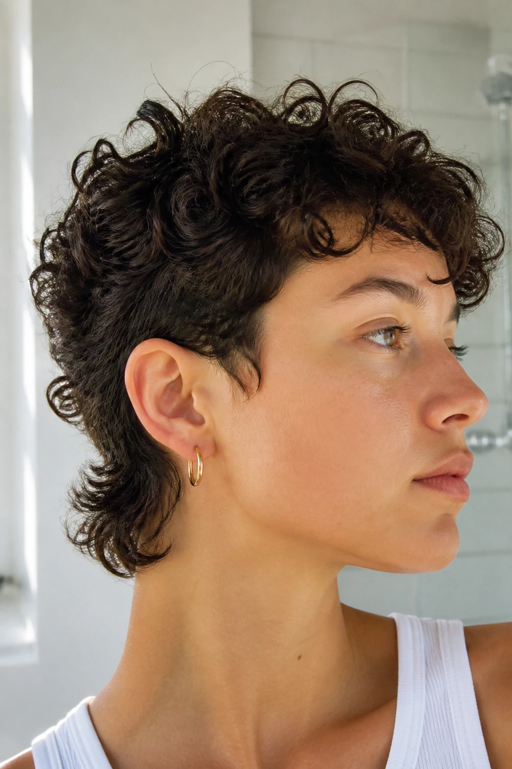 Close-up of a real person with a mini mullet and short curls