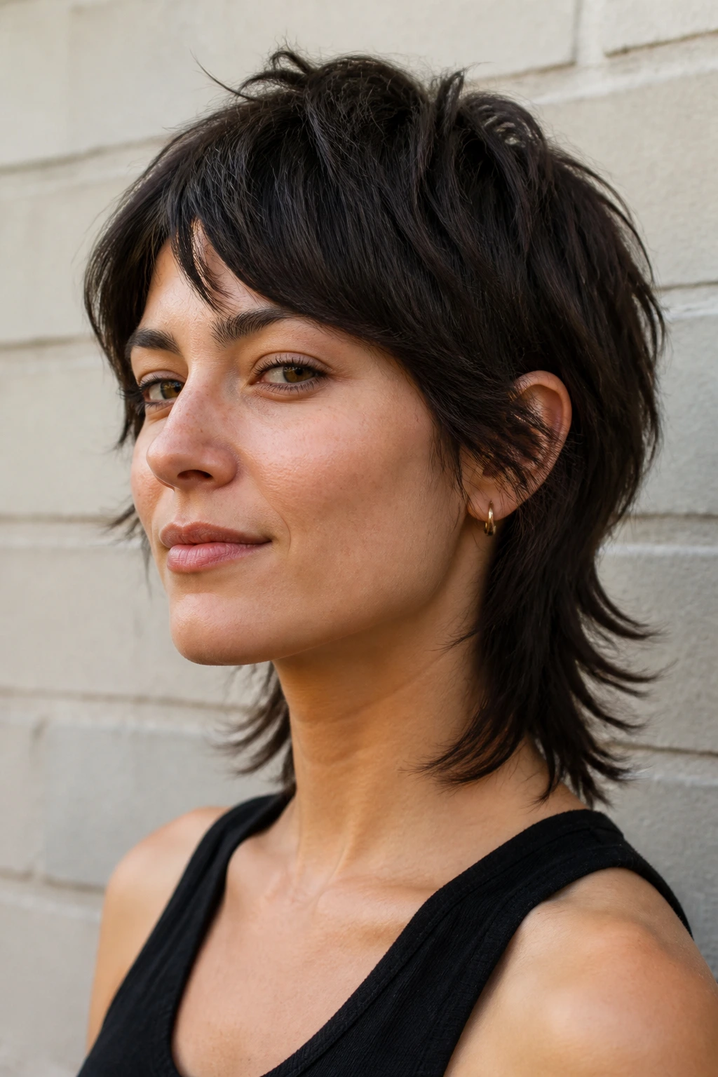 Close-up of a woman with a mini mullet and soft sides, back longer