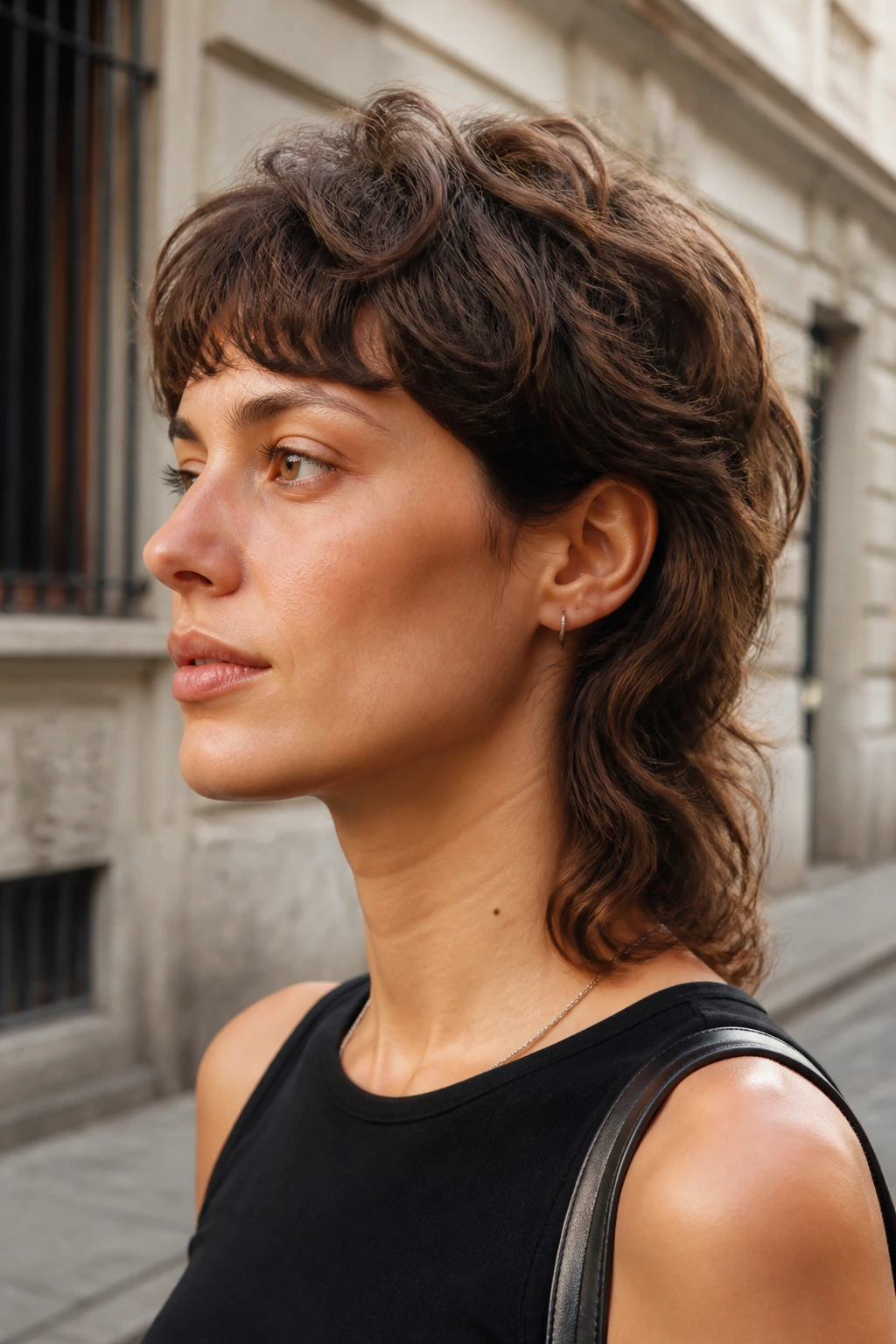 Close-up of mini mullet with waves on a real person in an urban outdoor setting