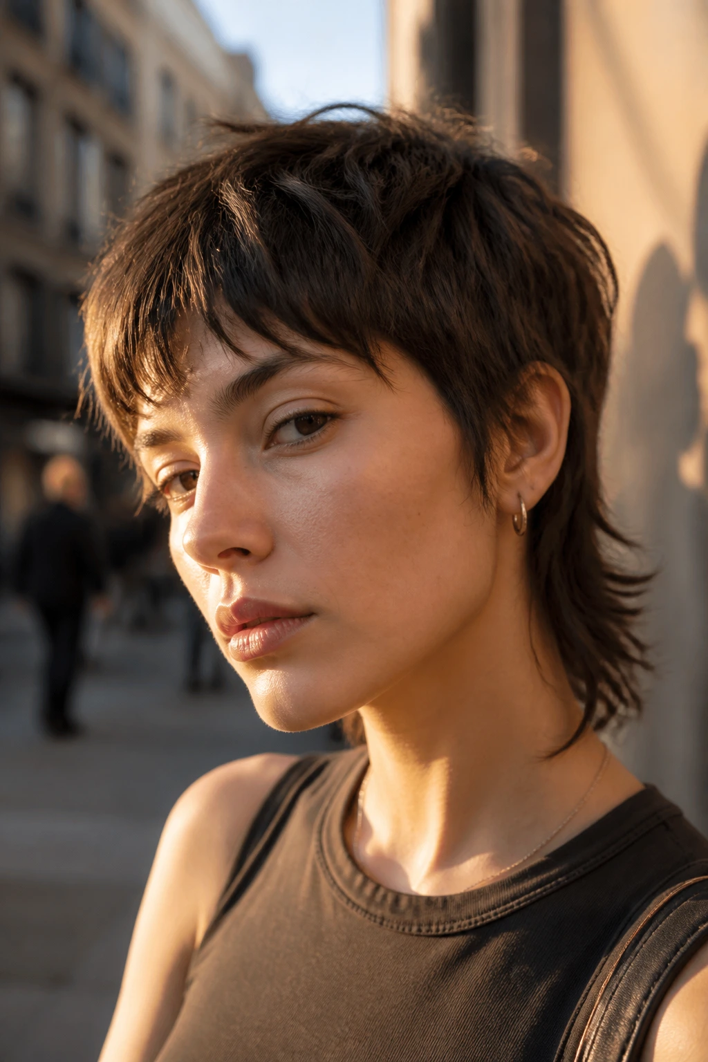 Close-up portrait of a real woman with a mini mullet wolf cut, short front and longer back, warm urban golden-hour background.