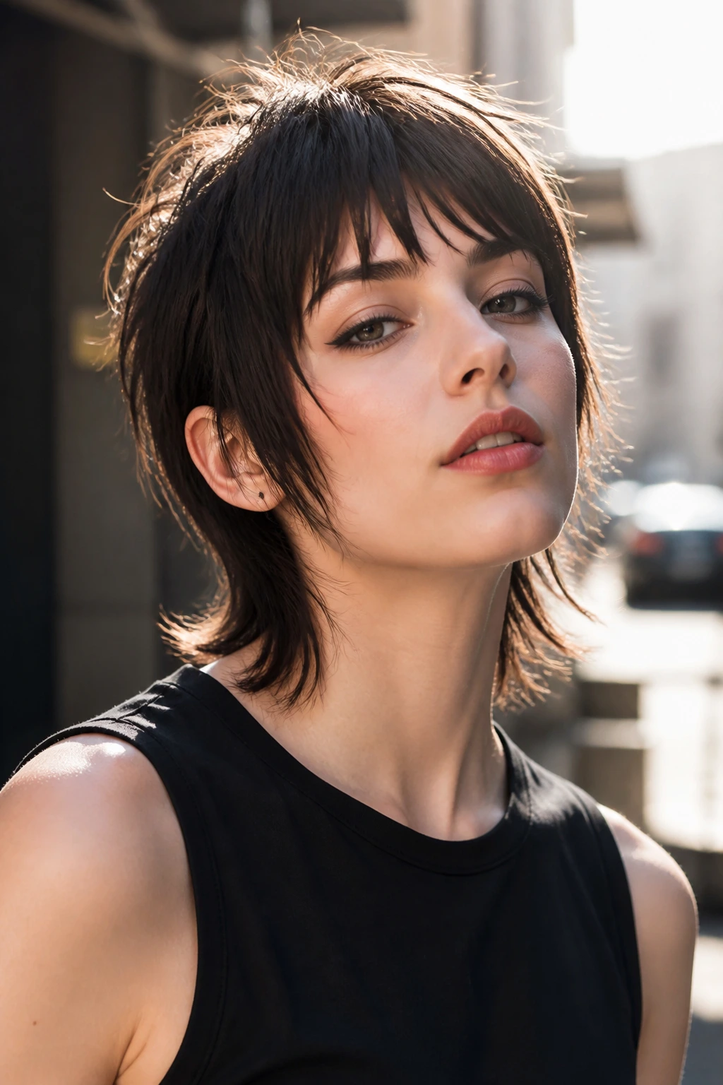 Close-up of a real person with mini mullet wolf cut in sunny outdoor light