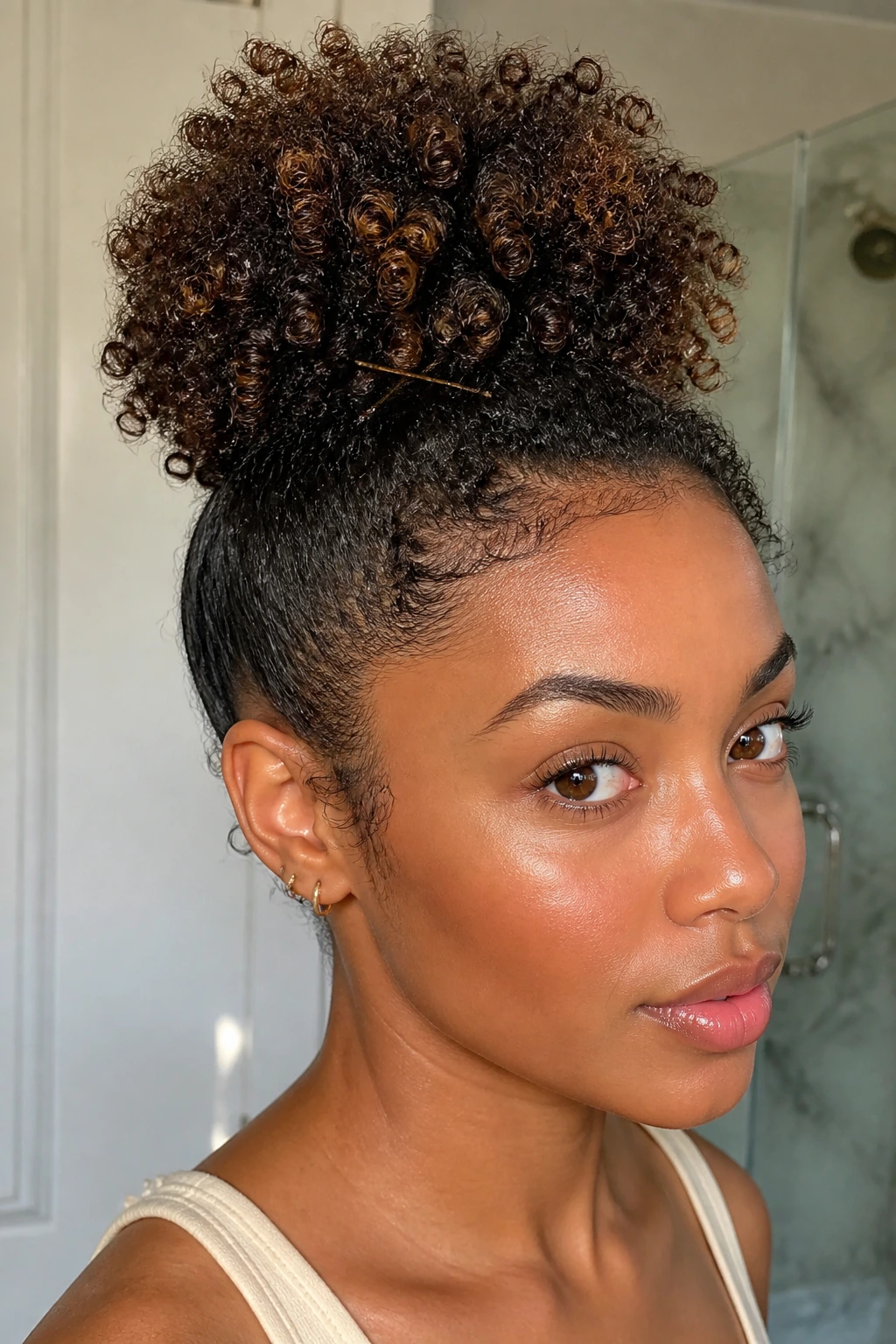 Close-up of a woman with a high crown puff and smooth sides.