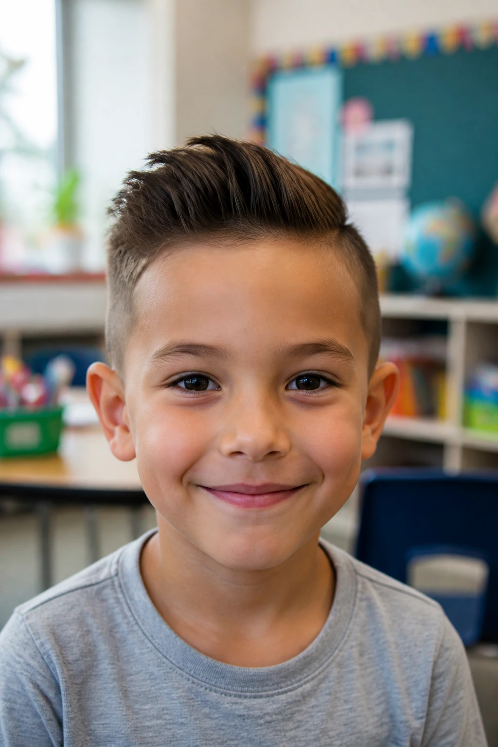 Close-up of a child with a mini pompadour under bright natural light