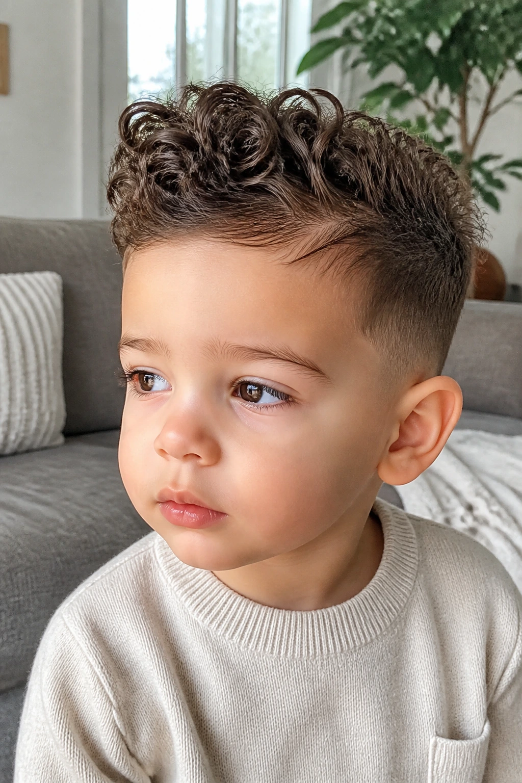 Toddler boy with mini pompadour curls lifted at the front