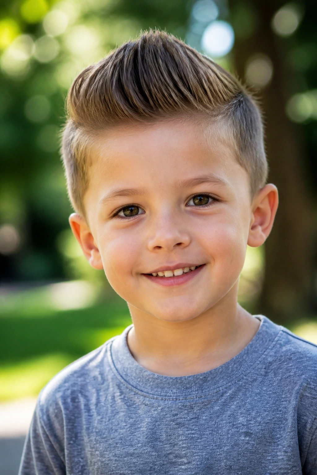 Real boy with mini pompadour hairstyle outdoors in natural light