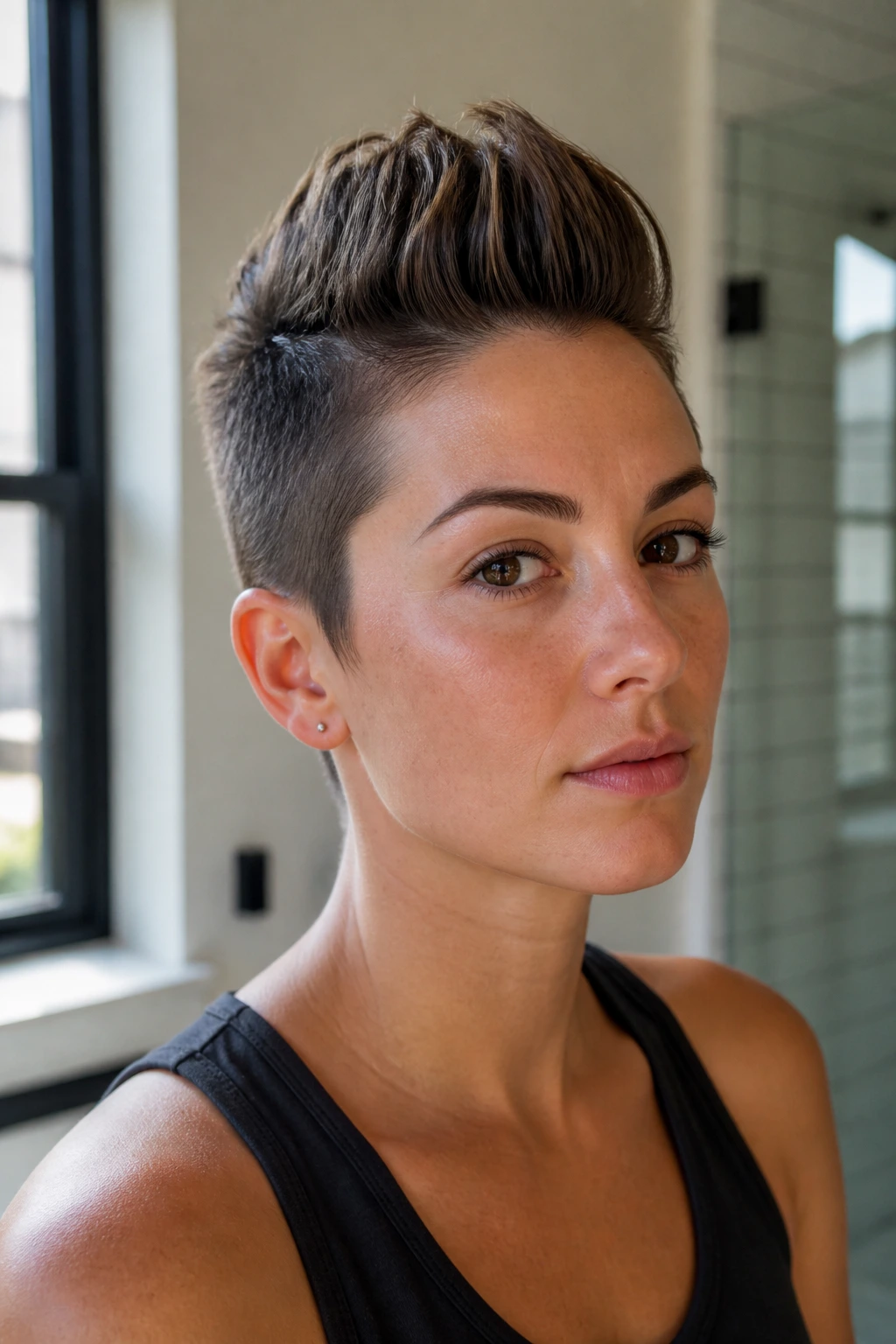 Medium close-up of a real person with a mini pompadour hawk in a bright bathroom