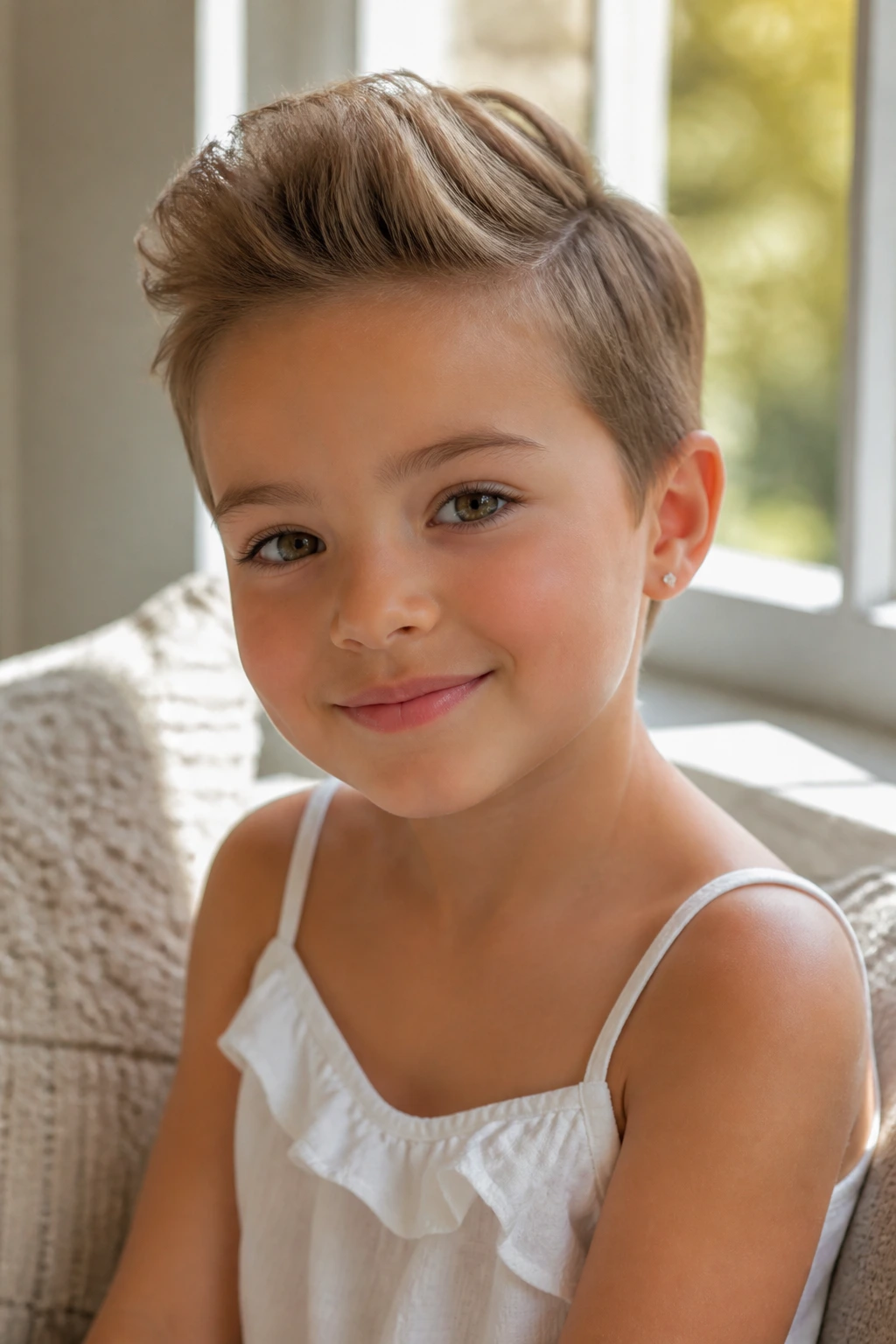 Close-up of a young girl with a mini pompadour pixie hairstyle by a sunlit window