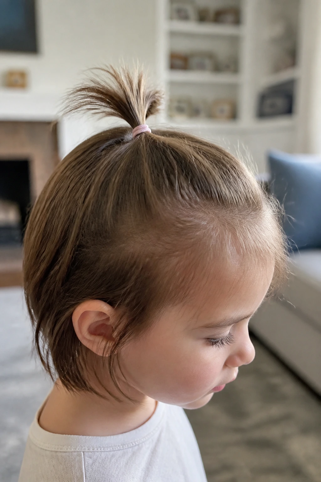 Real child with a tiny mini pony on short hair in a cozy room.