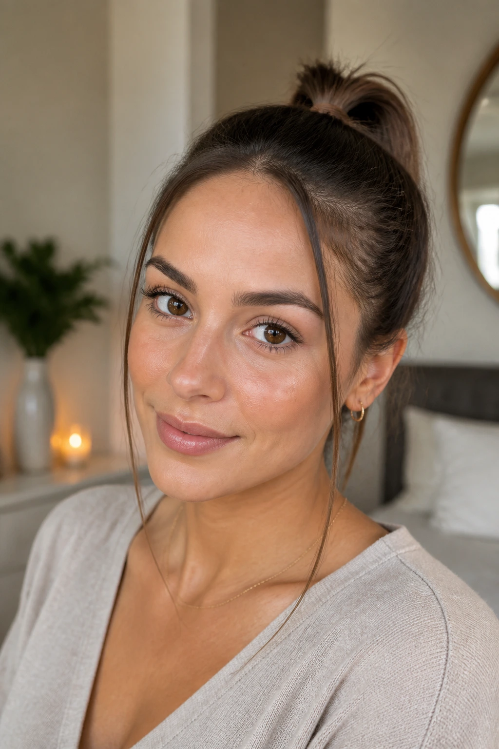 Close-up of a real woman with a high mini ponytail and thin face-framing pieces on straight hair