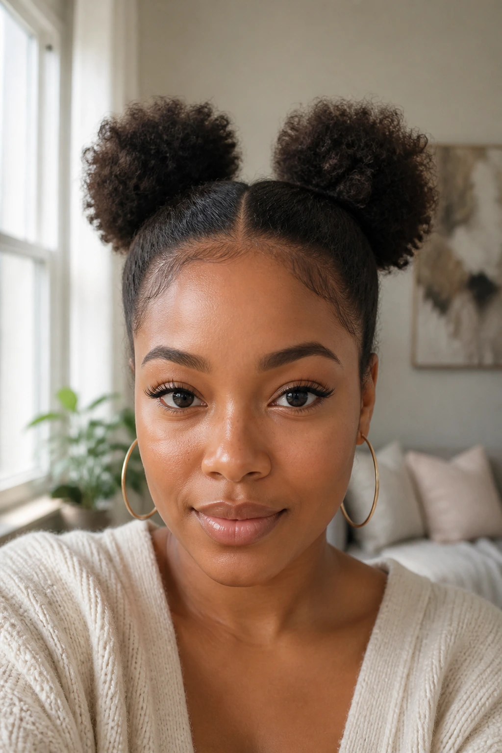Portrait of a person with two mini puff hairstyles on crown