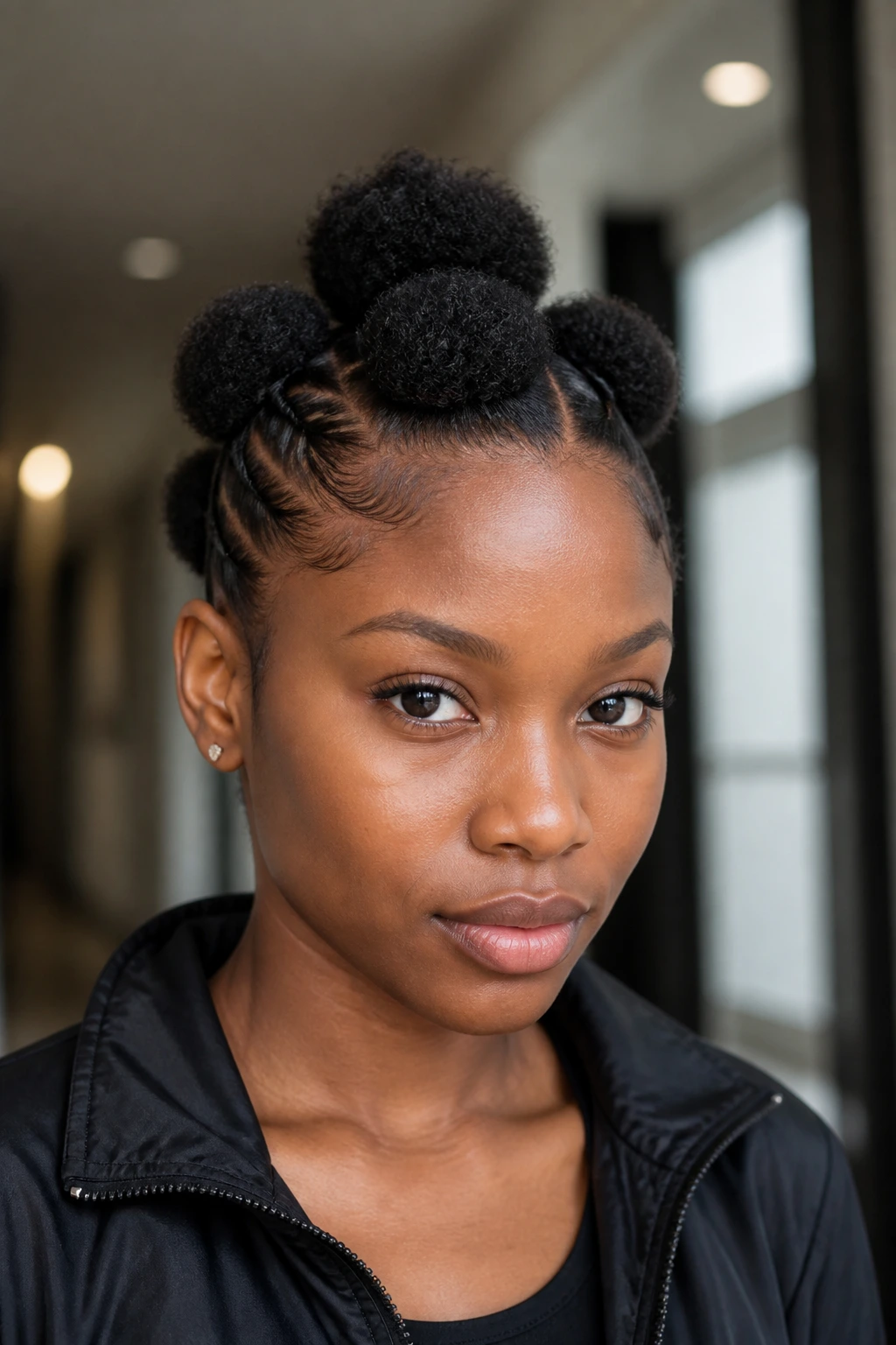 Close-up portrait of a real woman with multiple mini puffs forming a mini puff mohawk.