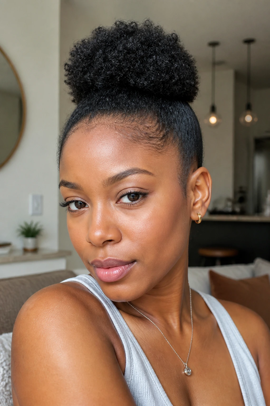 Close-up of a real woman's short natural hair with a mini puff on top