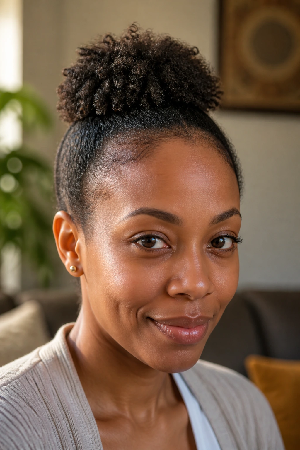 Close-up of a real person with a mini puff at the crown, natural Afro-textured hair in a cozy indoor setting