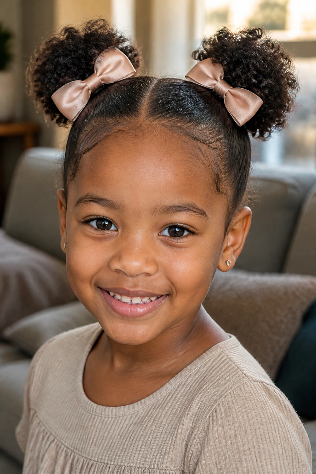 Close-up of a girl with two mini puffs and satin bows