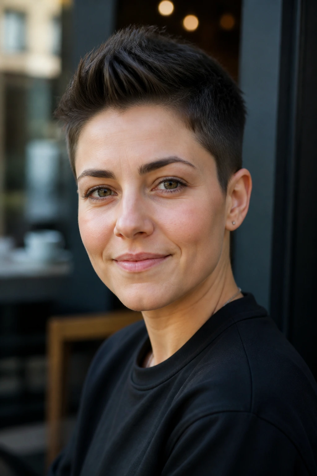 Close-up portrait of a real person with a mini quiff crop in a sunlit setting