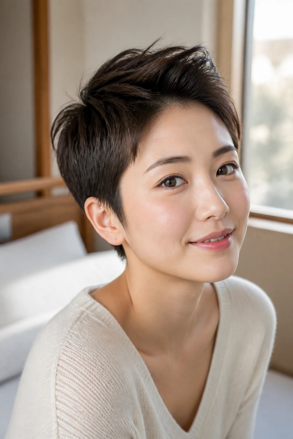 Close-up portrait of a real person with a mini quiff for fine hair