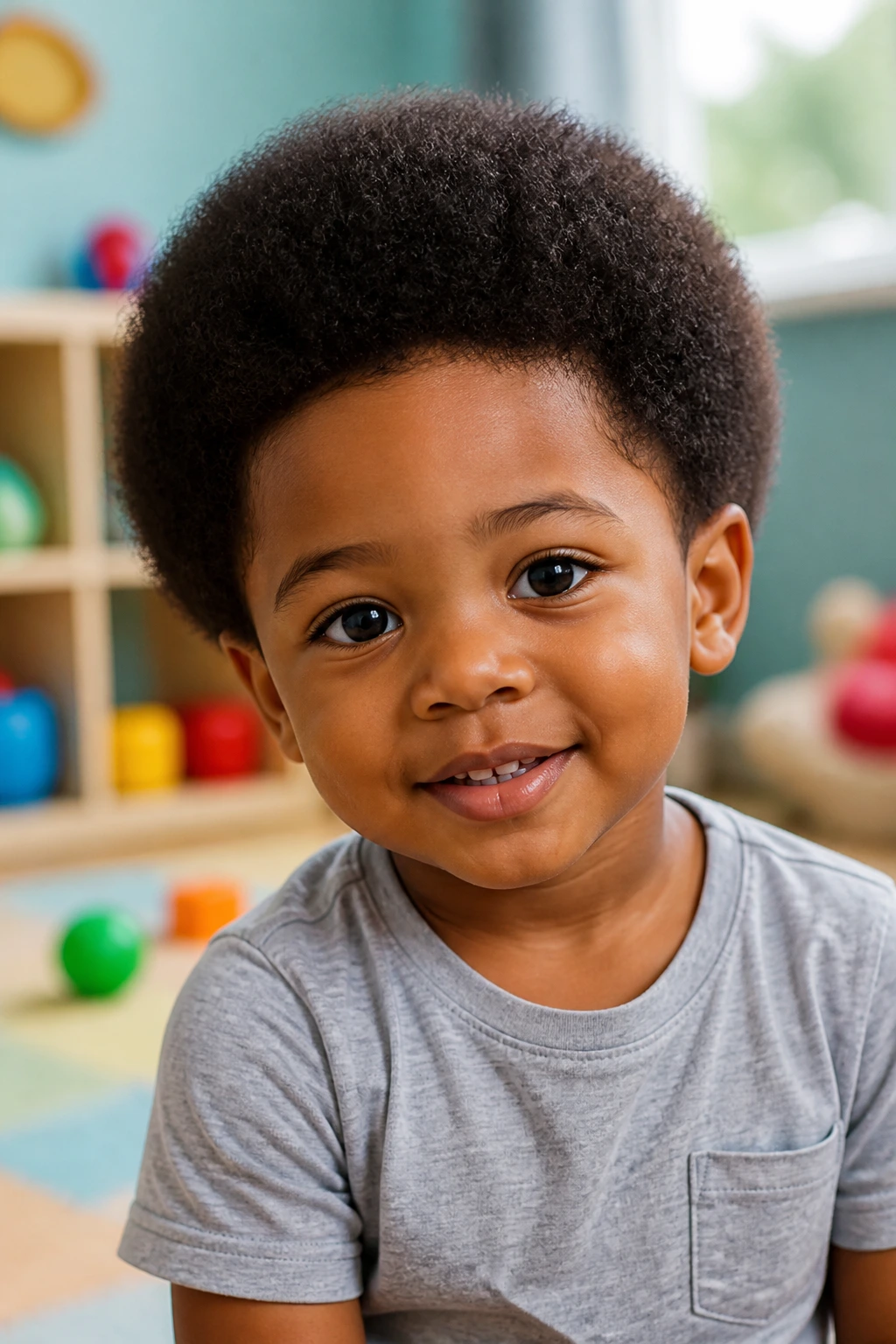 Close-up of a toddler boy with a mini round afro in a playroom