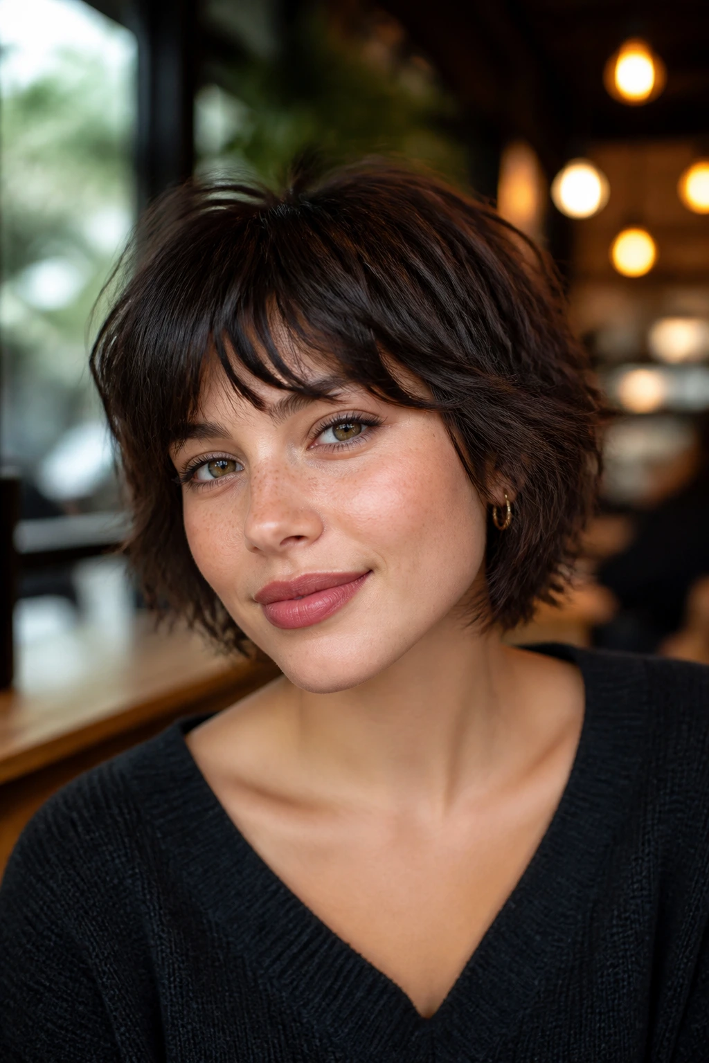 Close-up of a real woman with chin-length mini shag and textured fringe in a warm cafe setting.