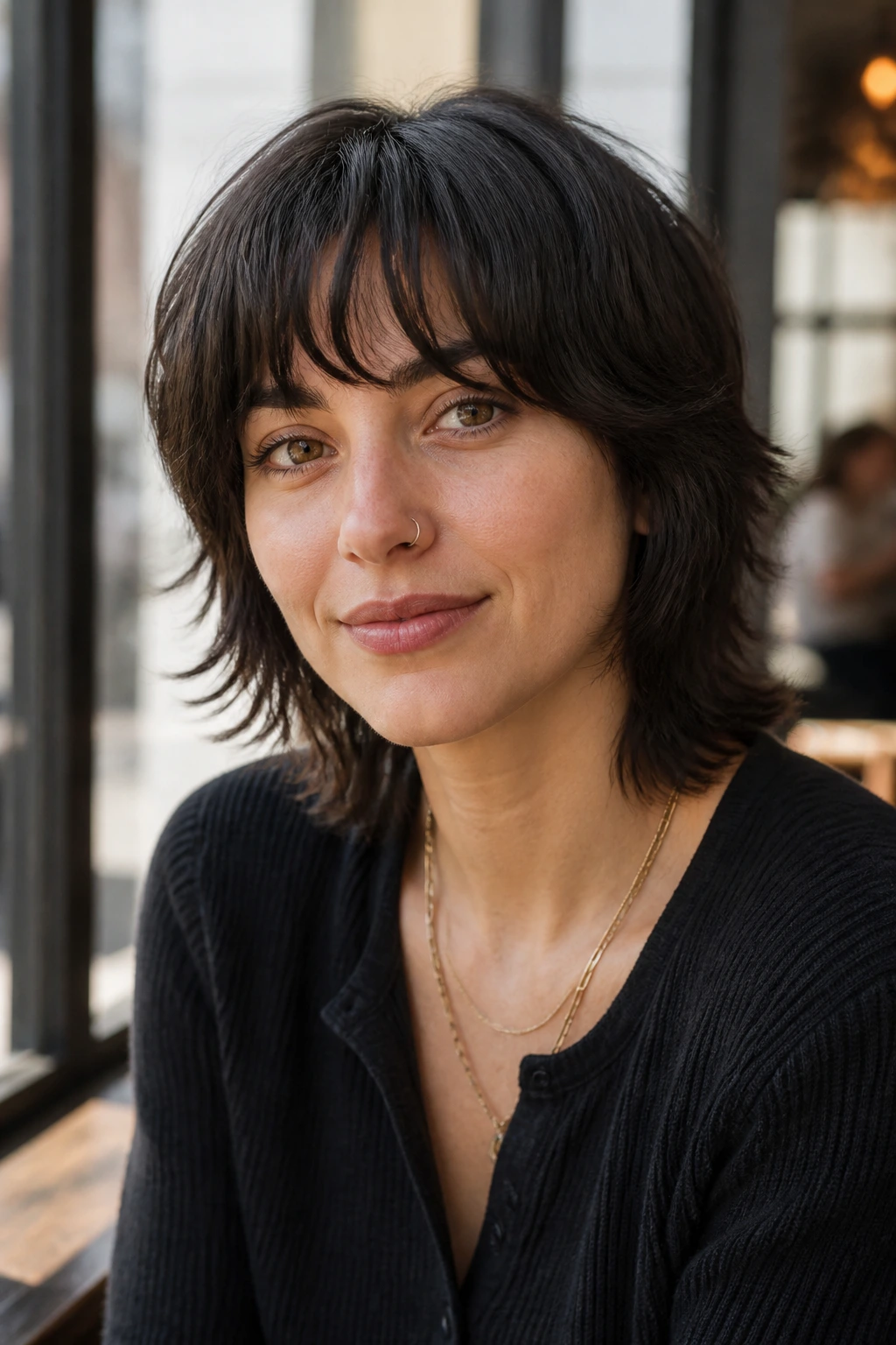 Close-up portrait of a real woman with mini shag and curved bangs in sunlit cafe