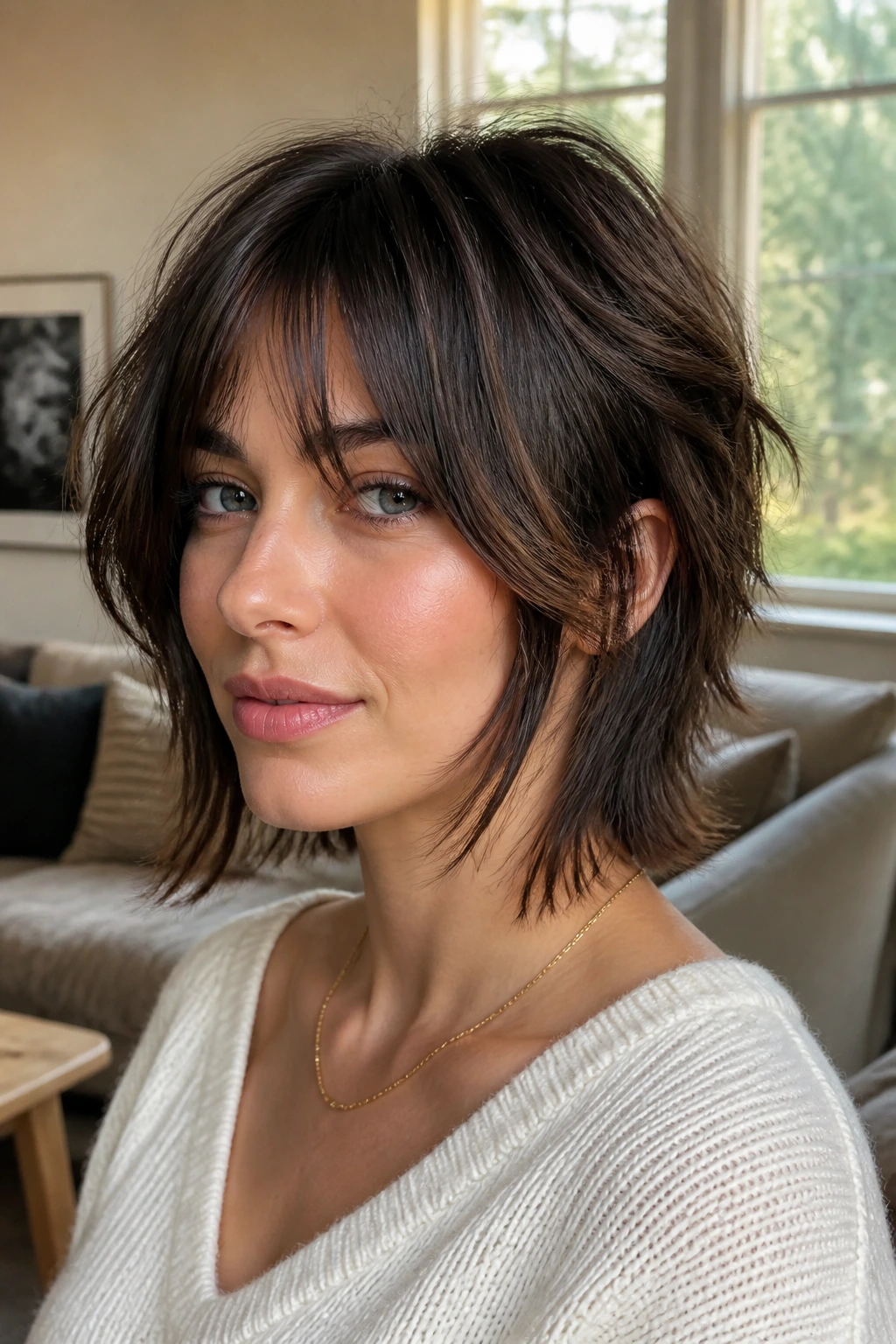 Portrait of a woman with mini shag and face frame