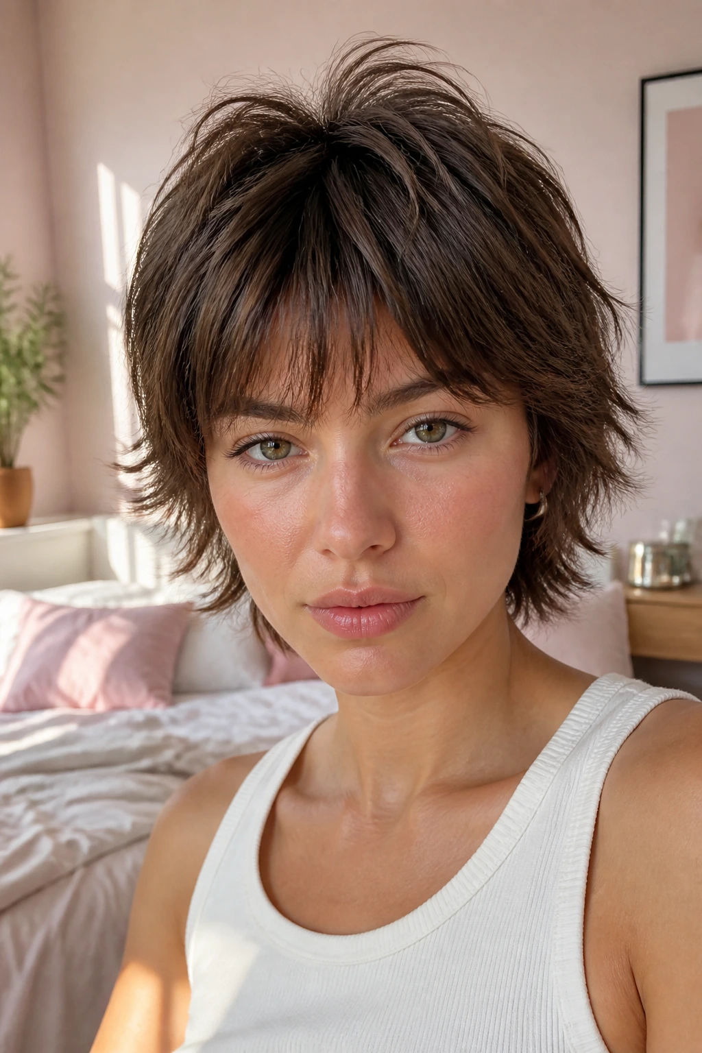Close-up of woman with mini shag for fine hair showing compact texture