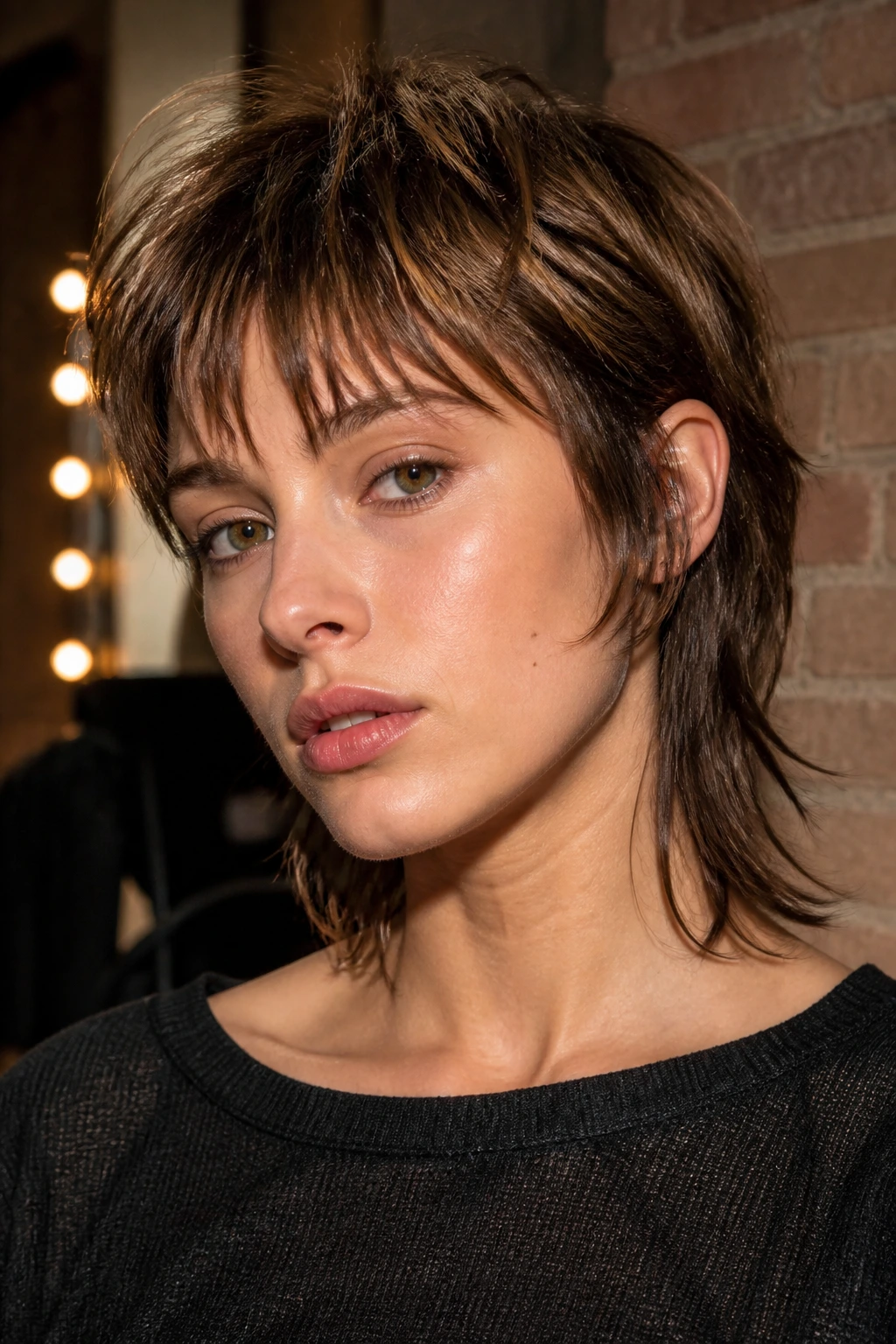 Real woman with a mini shag mullet, uneven layers and fringe in backstage lighting