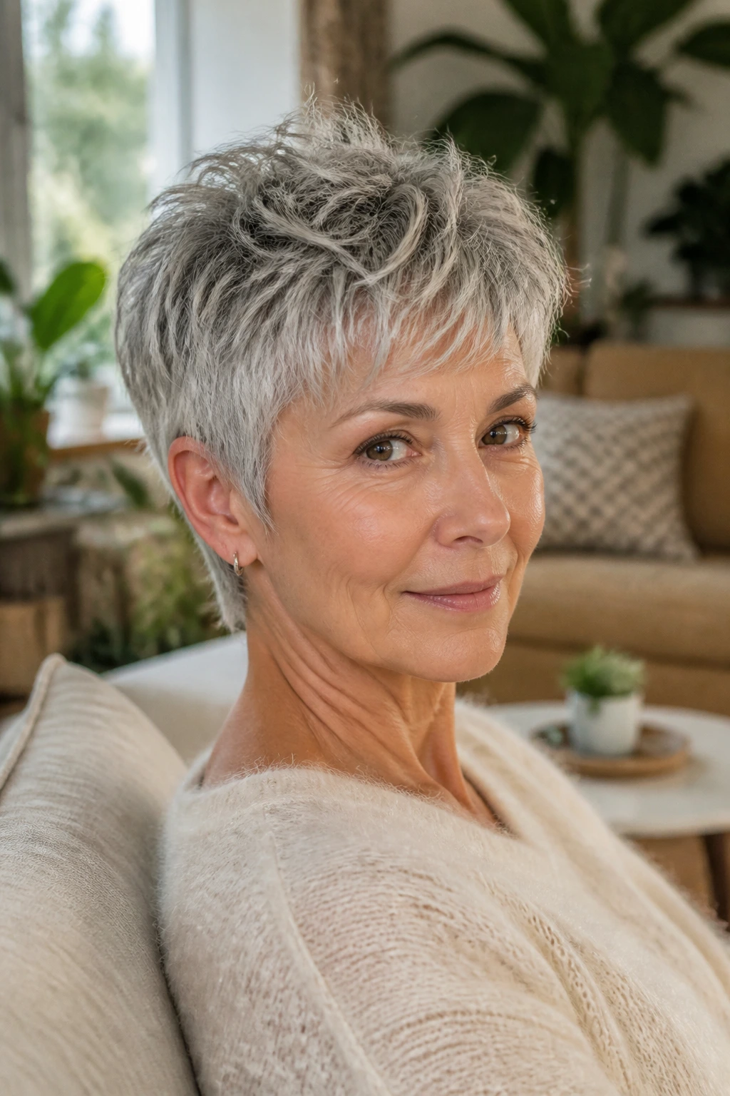 Close-up portrait of a real woman with mini shag pixie and choppy fringe in a sunlit room
